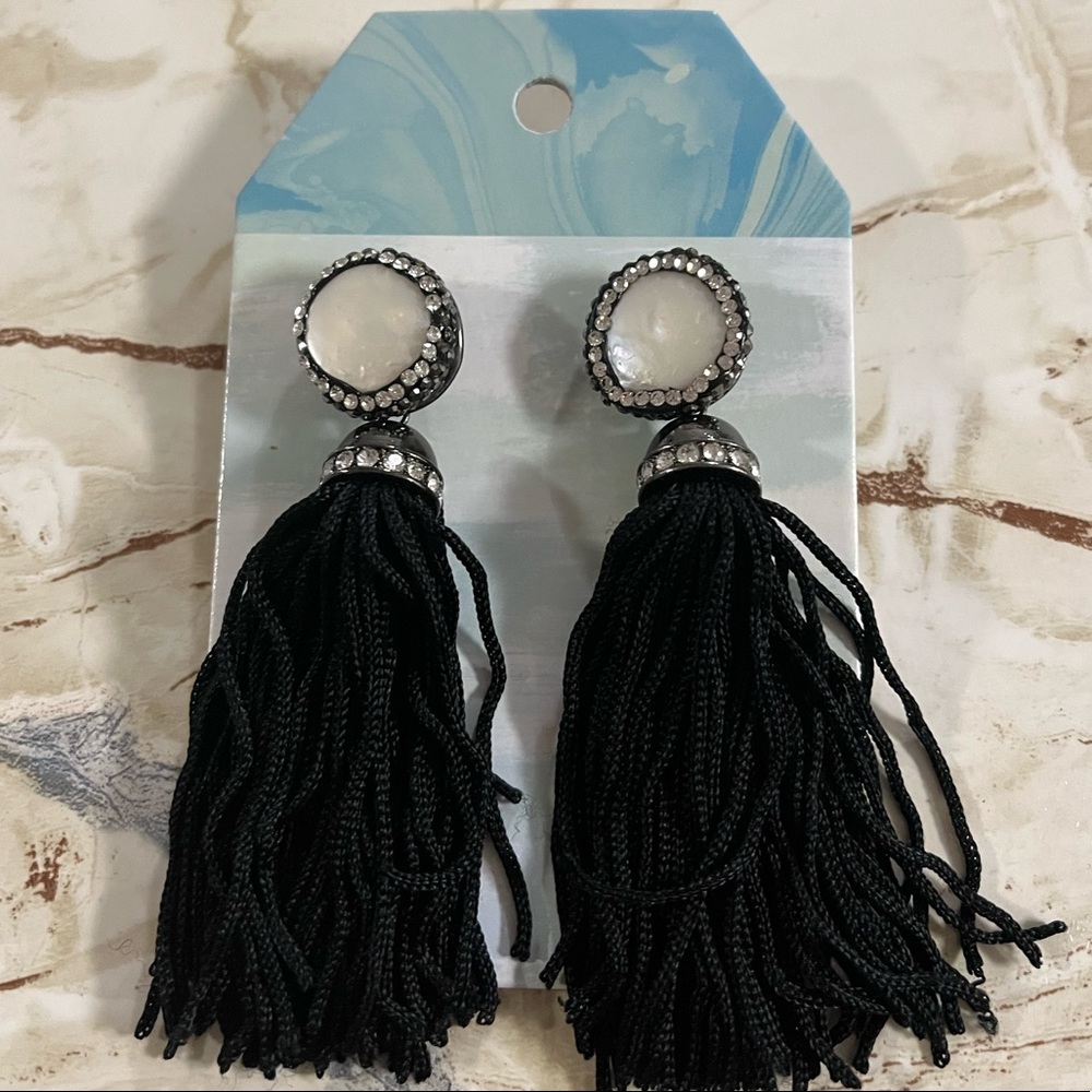 Boutique Black Tassel Earrings With Pearl and Rhinestone Stones